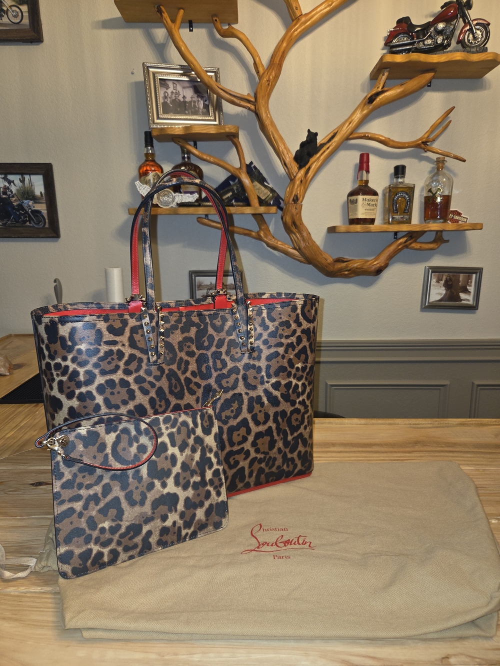 Christian Louboutin Leopard Print Tote with Pouch - Brown/Red